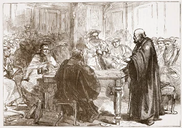 Pastor Olaf bei der Konferenz in Uppsala, Illustration aus The History of Protestantism von James Aitken Wylie, veröffentlicht 1878
