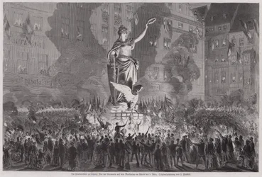 Friedensfeiern vor der Germania-Statue auf dem Marktplatz von Leipzig am Abend des 5. März 1870