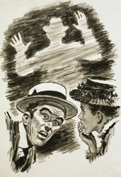 Menschen erschrocken von einer geisterhaften Gestalt im Nebel