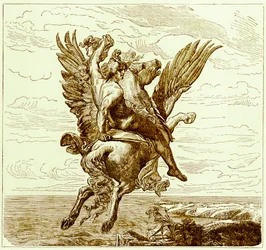 Perseus auf dem geflügelten Pferd Pegasus mit dem Kopf der Medusa, Illustration aus Die illustrierte Geschichte der Welt, veröffentlicht um 1880