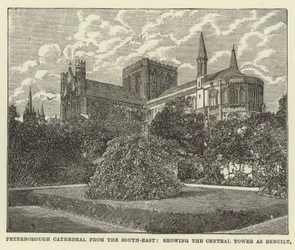 Peterborough Kathedrale von Südosten, zeigt den wiederaufgebauten zentralen Turm