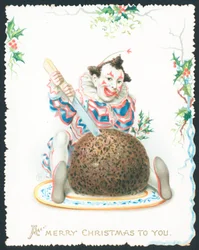 Pierrot schneidet Pflaumenpudding, Weihnachtskarte