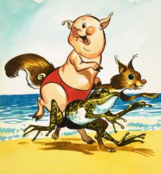 Schwein, Frosch und Eichhörnchen am Strand