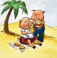 Picknick der Schweine auf einer einsamen Insel