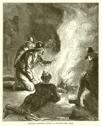 Pilgerväter um ein Wachfeuer, 1620