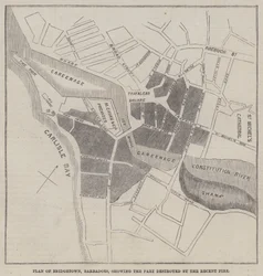 Plan von Bridgetown, Barbados, zeigt den durch das kürzliche Feuer zerstörten Teil (Stich)
