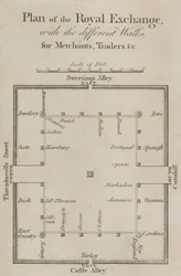 Plan der Royal Exchange mit den verschiedenen Wegen für Kaufleute, Händler usw.