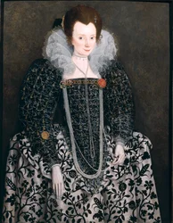 Porträt einer Frau, traditionell identifiziert als Mary Clopton (geborene Waldegrave) von Kentwell Hall, Suffolk, ca. 1600