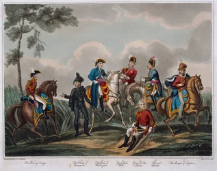 Porträts der Generaloffiziere, aus An Historical Account of the Battle of Waterloo, veröffentlicht von M. Colburn, 1817 (farbige Aquatinta)