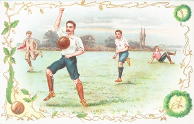 Postkarte mit Männern beim Fußballspielen