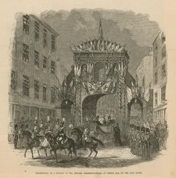 Überreichung eines Blumenstraußes an die Prinzessin Friedrich Wilhelm am Temple Bar