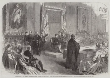 Verleihung der Freiheit der Fischhändler-Gesellschaft an den Prinzen von Wales, Mr. Towse, der Sekretär, liest das Protokoll der Wahl Seiner Königlichen Hoheit