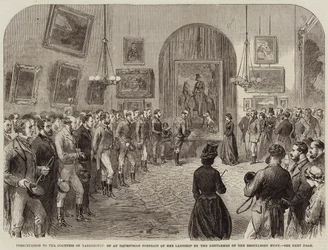 Übergabe eines Reiterporträts der Gräfin von Yarborough durch die Herren der Brocklesby Hunt