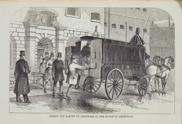Gefängniswagen, der Gefangene im Haus der Haft aufnimmt, aus The Criminal Prisons of London and Scenes of Prison Life von Henry Mayhew (1812-87) und John Binny, 1862