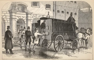 Gefängniswagen, der Gefangene im House of Detention abholt, Illustration aus The Criminal Prisons of London and Scenes from Prison Life von Henry Mayhew und John Binny, veröffentlicht 1862