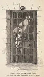Gefangener in der Refraktärzelle (die äußere Tür soll zurückgeworfen sein), Illustration aus The Criminal Prisons of London and Scenes from Prison Life von Henry Mayhew und John Binny, veröffentlicht 1862