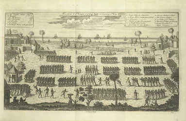 Prozession zum Tempel der Großen Schlange bei der Krönung des Königs, Illustration aus „Eine neue allgemeine Sammlung von Reisen und Reiseberichten, ... die alles in seiner Art Bemerkenswerte in Europa, Asien, Afrika und Amerika umfasst“
