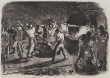 Fortschritt des Internationalen Ausstellungsgebäudes, die Schmiede (Stich)