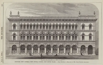 Vorgeschlagenes neues Hauptpostamt, Sydney, New South Wales, Flankenansicht, entworfen von Mr. James Barnet, Architekt (Gravur)