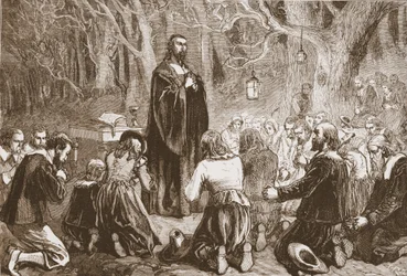 Protestantische Nachtanbetung in der Kirche der Wüste, Illustration aus The History of Protestantism von James Aitken Wylie, veröffentlicht 1878