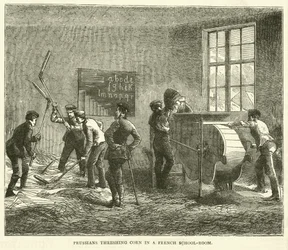 Preußen dreschen Korn in einem französischen Schulzimmer, September 1870