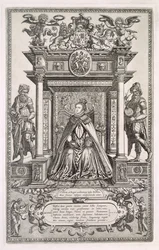 Königin Elizabeth I. (1533-1603) als Schirmherrin der Geographie und Astronomie, Frontispiz zu einem Buch sächsischer Karten von England, 1579