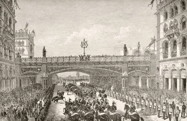 Königin Victoria eröffnet 1869 das Holborn Viaduct, aus „The National and Domestic History of England“ von William Hickman Smith Aubrey (1858-1916), veröffentlicht in London, um 1890