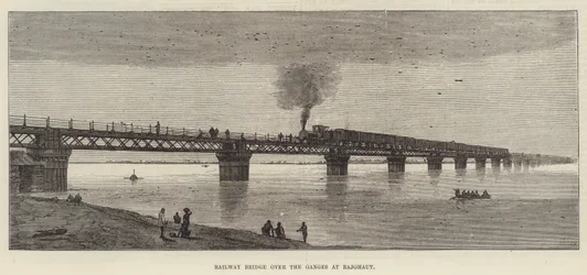Eisenbahnbrücke über den Ganges bei Rajghaut (Stich)
