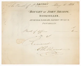 Quittung von John Sharpe, Buchhändler, Juvenile Library, London Museum, Piccadilly, London