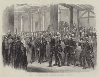 Empfang der Belgier durch den Lord Mayor in der Guildhall (Gravur)