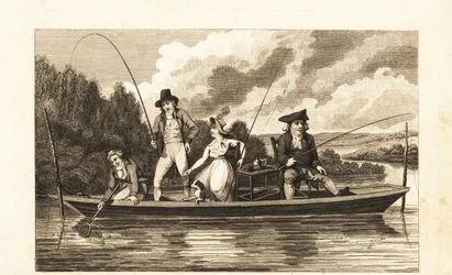 Regency-Gentlemen und Dame angeln auf einem Kahn auf der Themse