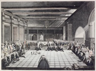 Darstellung der Zeremonie der Übergabe der Sheriffs von London (farbiger Stich)