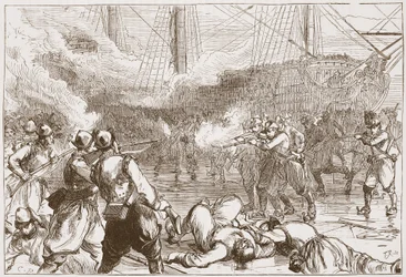 Zurückweisung der spanischen Soldaten in Amsterdam, Illustration aus Die Geschichte des Protestantismus von James Aitken Wylie, veröffentlicht 1878