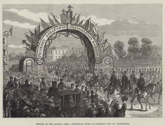 Rückkehr der russischen Armee, Triumphaler Einzug der Kosaken in St. Petersburg (Gravur)