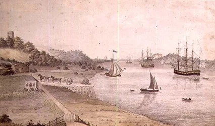 Flusslandschaft mit Schiffen und der Dover-Kutsche, ca. 1800