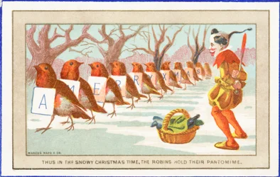 Rotkehlchen und Clown im Schnee, Weihnachtskarte