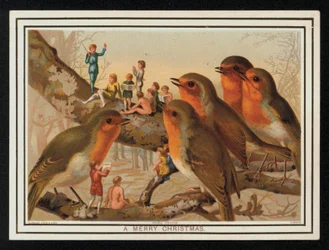 Rotkehlchen und eine Gruppe von Darstellern, Weihnachtsgrußkarte