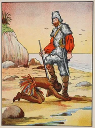 Robinson Crusoe und Freitag, Illustration aus Die Geschichte von Robinson Crusoe: Eine Adaption für Kinder nach Defoes Sprache, veröffentlicht von Griffith Farran Browne & Co. Limited, London