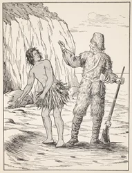 Robinson Crusoe und Freitag, Illustration aus Die Geschichte von Robinson Crusoe: Eine Adaption für Kinder nach Defoes Sprache, veröffentlicht von Griffith Farran Browne & Co. Limited, London