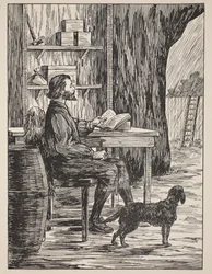 Robinson Crusoe in seiner Höhle, Illustration aus Die Geschichte von Robinson Crusoe: Eine Adaption für Kinder nach Defoes Sprache, veröffentlicht von Griffith Farran Browne & Co. Limited, London
