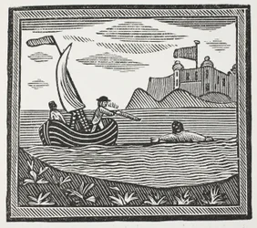 Robinson und Xury fliehen vor den Mauren, Illustration aus Chap-books of the Eighteenth Century von John Ashton, veröffentlicht 1882