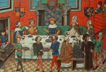 Roy 14 E IV f.244v, Der Herzog von Lancaster speist mit dem König von Portugal, aus Bd. III „Von der Krönung Richards II. bis 1387“, von Jean de Batard Wavrin