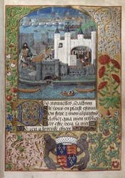 Der Tower of London, mit der London Bridge im Hintergrund. Charles, Herzog von Orleans, beim Schreiben, stehend an einem Fenster und einen Brief im Hof versendend