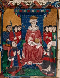 König Edward IV. umgeben von Höflingen mit Sir William Herbert und seiner Frau, Anne Devereux, die Kleidung mit ihren Wappen tragen, vor ihm kniend (Buch 1)