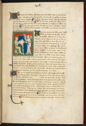 Johannes sitzt und schreibt; ein Engel steht hinter seinem Schreibtisch, aus der Queen Mary Apokalypse, Englische Schule (14. Jahrhundert)
