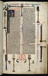 Royal 1 D I, f.1r, Hieronymus, Mönche auf Säulen, aus der Bibel von William of Devon (Pergament)