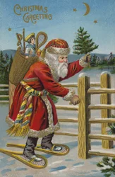 Weihnachtsmann auf Schneeschuhen (Chromolitho)