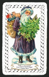 Weihnachtsmann mit Spielzeugsack und Baum, Weihnachtskarte