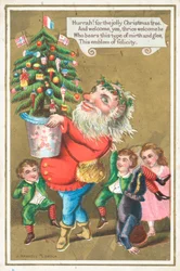 Weihnachtsmann trägt Weihnachtsbaum, Weihnachtskarte