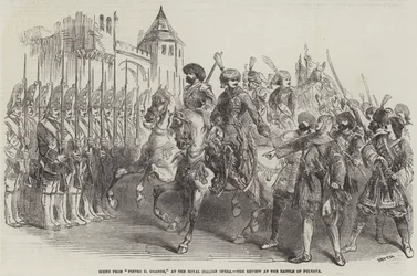 Szene aus „Pietro il Grande“ an der Royal Italian Opera, die Überprüfung bei der Schlacht von Pultava (Gravur)